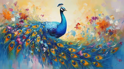 Fotobehang painting style illustration, beautiful peacock in flower garden, Generative Ai © QuietWord