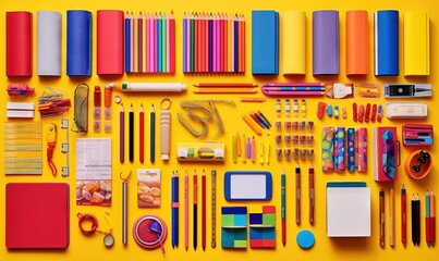  a variety of school supplies laid out on a yellow surface.  generative ai