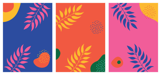 Сover abstract background set рlants, leaf, branch. Modern illustrated design for wall art, wallpaper, decoration, print. Floral social media background. Vector illustration.