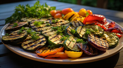 A platter of Mediterranean-style grilled vegetables, including zucchini, bell peppers, and eggplant