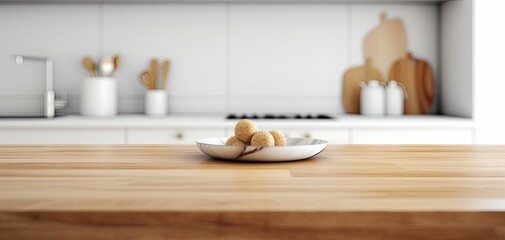 Fototapeta na wymiar Minimalist modern kitchen bench, wooden finish, bright and airy, rustic design, Generative AI
