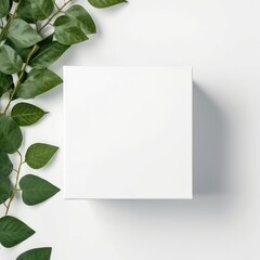 top view of a small plain white cardboard box packaging for mockup. Minimalistic white background with green plants