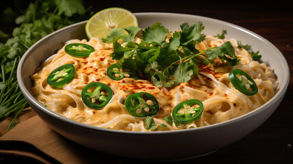 Fototapeta na wymiar A bowl of creamy and aromatic coconut curry noodles, garnished with cilantro and lime wedges