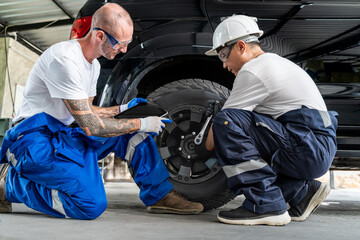One mechanic working on a car tire while the other mechanic checking the status on his computer tablet
