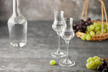 Grape vodka or grappa. Strong alcoholic drink in grappa glasses on the table. Fresh grapes