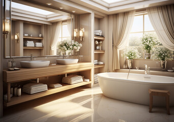 Generative AI. Interior design of luxury bathroom. Modern and cozy bathtub. Marble florring, large mirror. Natural lighting from large glass window