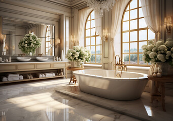 Generative AI. Interior design of luxury bathroom. Modern and cozy bathtub. Marble florring, large mirror. Natural lighting from large glass window
