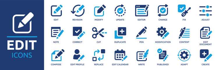 Edit tool icon set. Containing editor, create, adjust, note, compose, revision, cut, duplicate, pen and document icons. Solid icon collection. Vector illustration. - obrazy, fototapety, plakaty