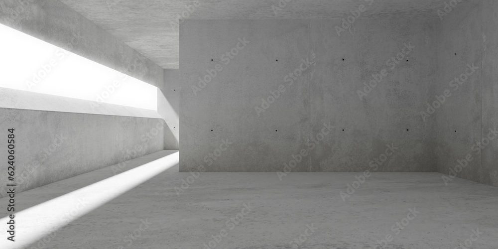 Wall mural abstract empty, modern concrete room with long opening on the left wall, sunlight from outside and r