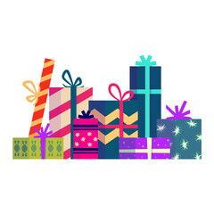 Gift Christmas present stack. Colorful group box with ribbon. Holiday xmas giftbox stack. Cartoon vector illustartion. Gift xmas pile.