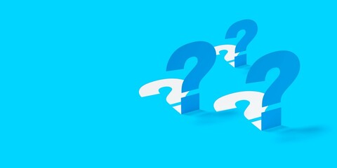 Three blue paper pop up question marks on blue background, idea, solution or question or communication business concept background with copy space