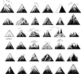 black and white geometric mountain icon set, Set of monochrome landscapes in geometric shapes circle, Natural sceneries with wild pine forests