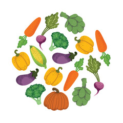 Round frame made of green vegetables, salad leaves and spice herbs on white background. Creative backdrop with circular border consisted of vegan organic food. Colorful flat illustration isolated