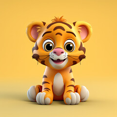 Cute Tiger, 3d cartoon, big eyes, friendly, solid background, minimalistic