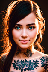Portrait of a beautiful young woman with tattoo on her body. Generative AI.
