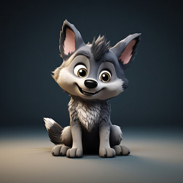 Cute Wolf, 3d cartoon, big eyes, friendly, solid background, minimalistic