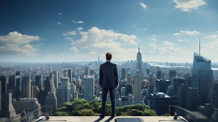 Fototapeta premium Business man stand up on high building look at city view