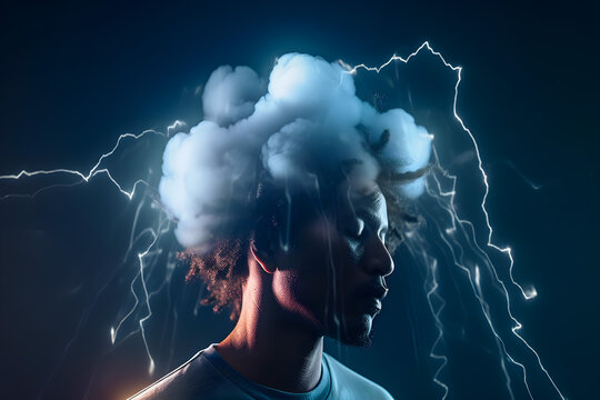 Man with dark clouded mind with bright flashes of lightning and thunder, his head in a cloud of smoke. Drunk blurred brain thinking, unhealthy, drunk, woozy. Generative AI.
