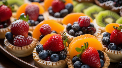 A tray of bite-sized fruit tarts, filled with creamy custard and topped with a variety of fresh fruits
