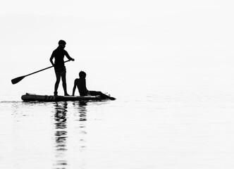 silhouette of a person stand up paddling
