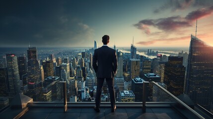 Business man stand up on high building look at city view