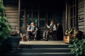 Naklejka na ściany i meble Pleasant communication with an old friend brightens up everyday life in old age. Two elderly friends are sitting on the veranda near the house and talking.
