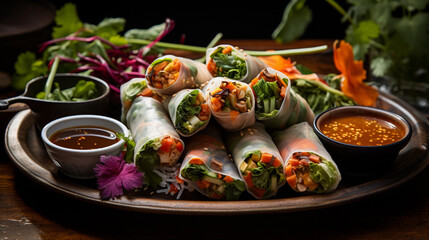 Fototapeta na wymiar A plate of colorful and refreshing summer rolls, filled with fresh vegetables and served with peanut dipping sauce