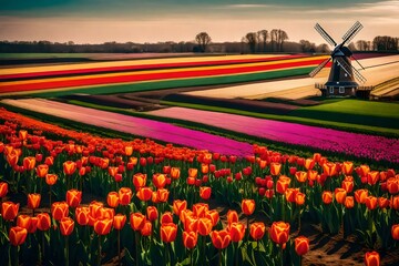 tulip field with windmill Generated Ai