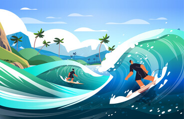 man woman in swimwear riding surf boards by sea or ocean waves surfing sport summer activity concept