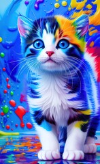 Portrait of a cute kitten in a splash of multi-colored paint.