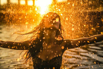 Jeune femme souriante, avec les cheveux mouillés, se baignant dans la mer au coucher du soleil - Générative IA