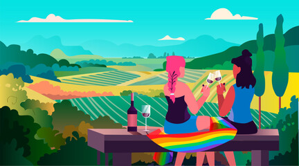 Obraz na płótnie Canvas girls couple with lgbt rainbow flag drinking wine and looking on rural landscape with meadows gay lesbian love parade