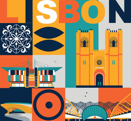 Obraz premium Lisbon culture travel set, famous architectures and specialties in flat design. Business travel and tourism concept clipart. Image for presentation, banner, website, advert, flyer, roadmap, icon