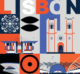 Lisbon culture travel set, famous architectures and specialties in flat design. Business travel and tourism concept clipart. Image for presentation, banner, website, advert, flyer, roadmap, icon