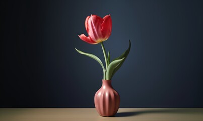  a red vase with two flowers in it on a table.  generative ai