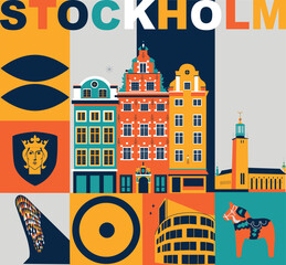 Typography word "Stockholm" branding technology concept. Collection of flat vector web icons. Culture travel set, famous architectures, specialties detailed silhouette. Sweden famous landmark