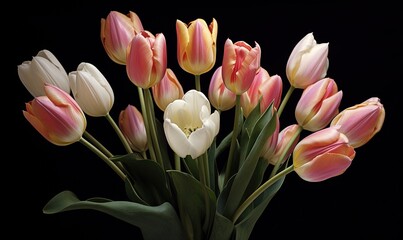  a vase filled with lots of pink and white tulips.  generative ai