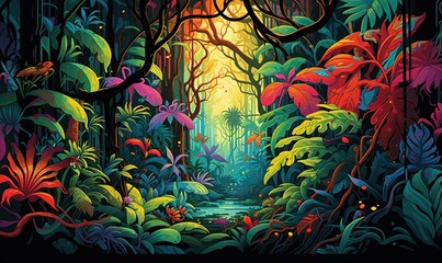  a painting of a jungle scene with a bright light coming through the trees.  generative ai
