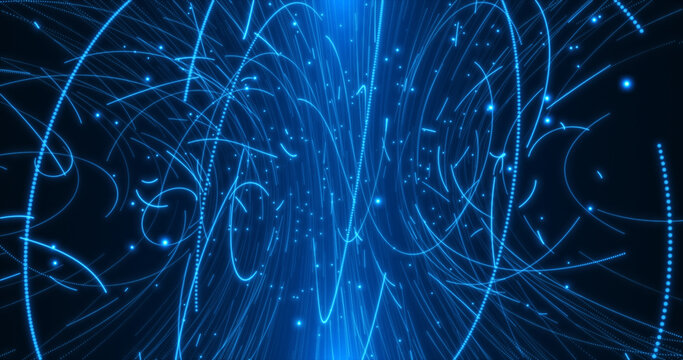 Traces of charged particles in a magnetic field.