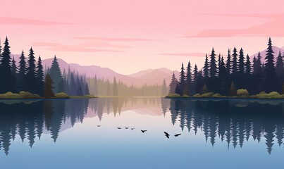  a painting of a lake with trees and birds flying over it.  generative ai