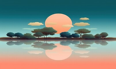 a painting of a lake with trees and clouds in the background. generative ai