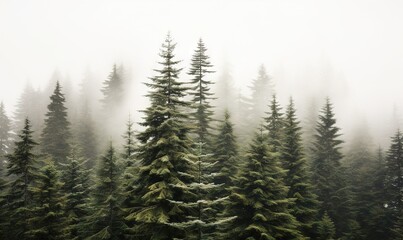  a forest filled with lots of tall pine trees covered in fog.  generative ai - obrazy, fototapety, plakaty