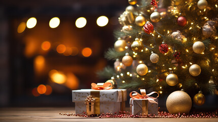 Obraz na płótnie Canvas Festive Christmas Tree with Decorations and Gift: Joyful Holiday Celebration. created with Generative AI
