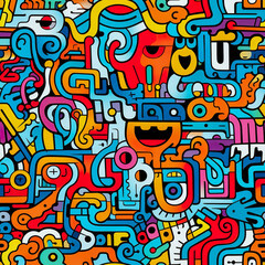 Colorful retro cartoon doodle seamless pattern illustration. Vintage style happy face sticker background. Generative AI