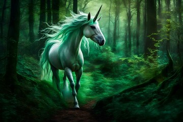 white unicorn horse in the forest