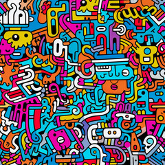 Colorful retro cartoon doodle seamless pattern illustration. Vintage style happy face sticker background. Generative AI