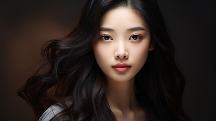 Fototapeta premium Captivating Gaze: A stunning portrait of a young woman with long, flowing black hair and piercing eyes, bathed in soft, warm light. The composition emphasizes her expressive features.