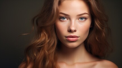 Fototapeta premium Serene Gaze: A captivating portrait of a young woman with auburn waves and striking blue eyes, her serene expression and flawless complexion exude natural beauty and confidence.