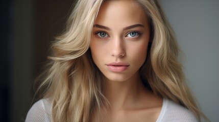 Fototapeta premium close up portrait of young beautiful blonde woman on gray background with generative ai