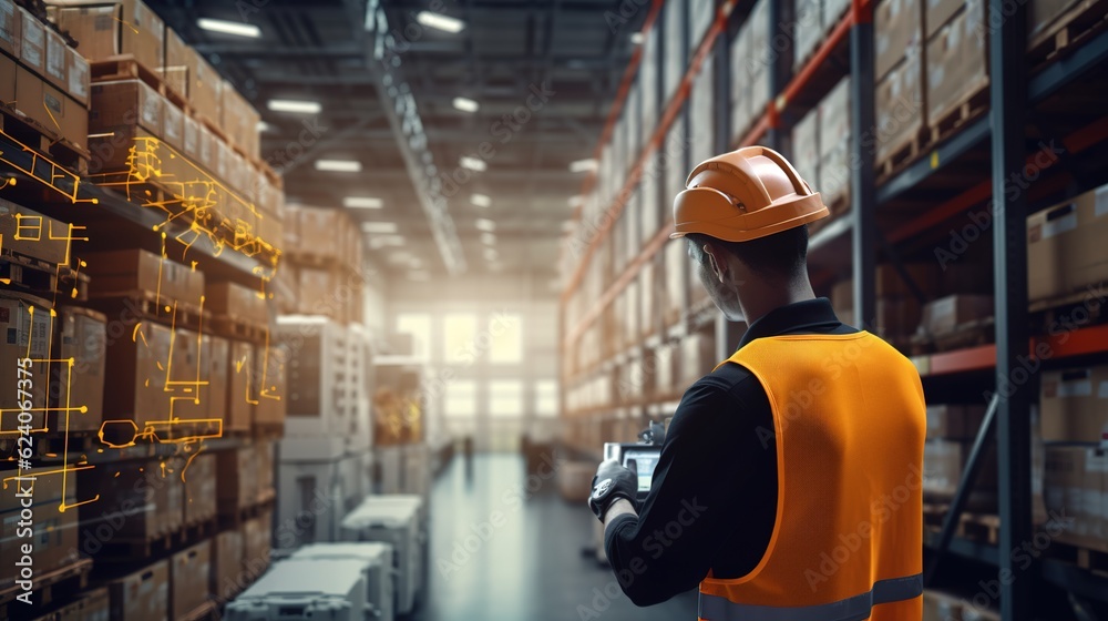 Poster engineer check and control automation robot arms machine in modern warehouse industrial on real time